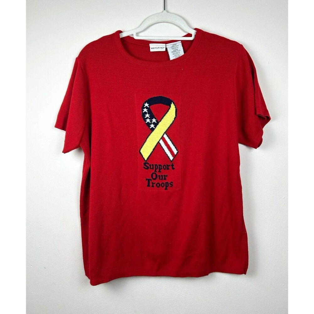 Vintage White Stag Women’s L Red Support Our Troops Ribbon Embroidered Sweater